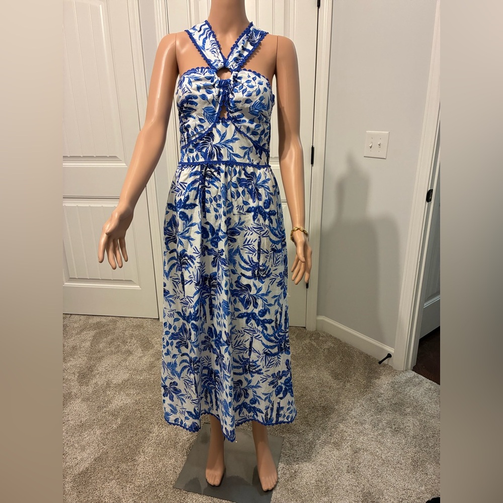 Floral Print Halter Midi Dress in Blue and White by J Marie.